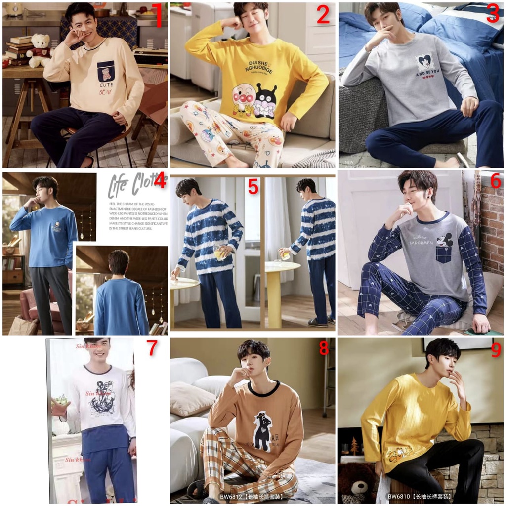 Baju tidur piyama cowok lengan panjang celana panjang bahan kaos import PPkaos58