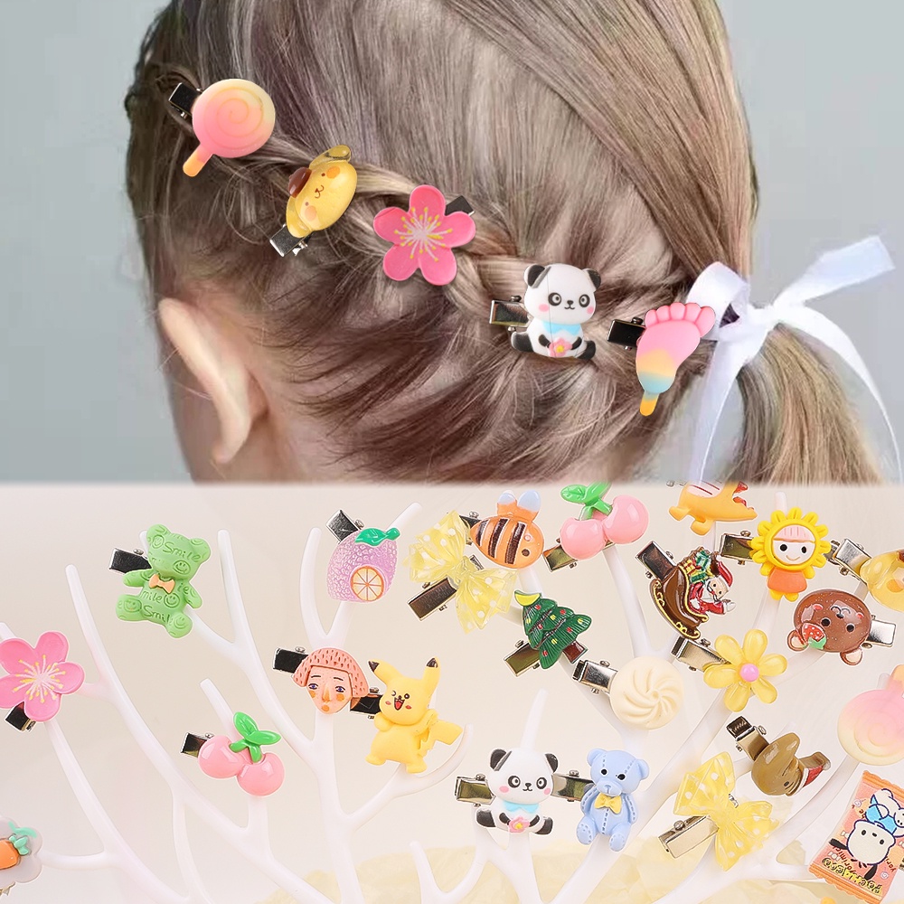 Jepit Rambut Poni Handmade Bahan Resin Akrilik Motif Kartun Warna Acak Untuk Anak Perempuan