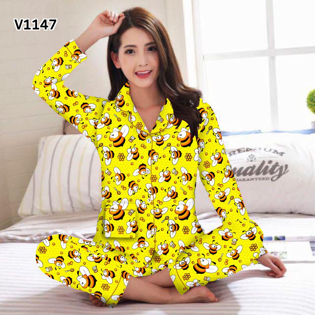 JNV Piyama PP Wanita Motif Karakter Kartun 01 - Baju Tidur Lengan Panjang - Bahan Katun-Honey Bee-Kuning