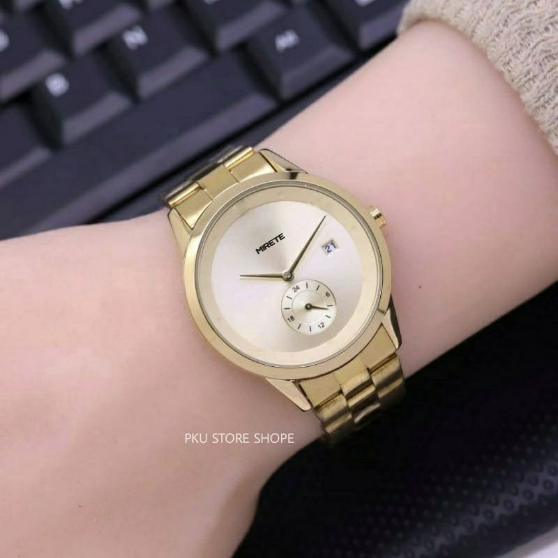 JAM TANGAN WANITA BESST SELLER FITUR TANGGAL WATER RESISITANT JAM TANGAN WANITA MIRETE ORIGINAL TERBARU JAM TANGAN CEWEK RANTAI STAENLES STEL FREE BATRAI JAM TANGAN FASHION WANITA GS/FOS MIRETE ORIGINAL