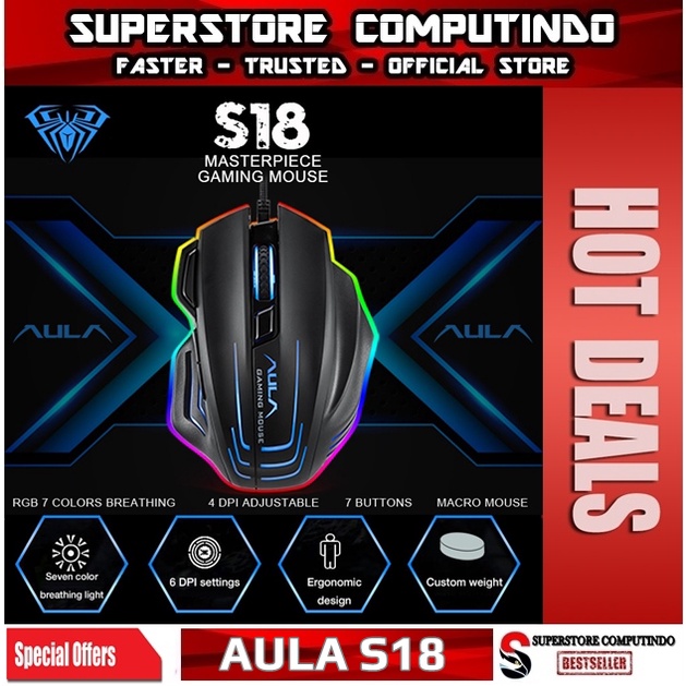 Mouse Gaming AULA S18-RGB-Sensor Sunplus 6698A-6400DPI-Macro-AULA S-18