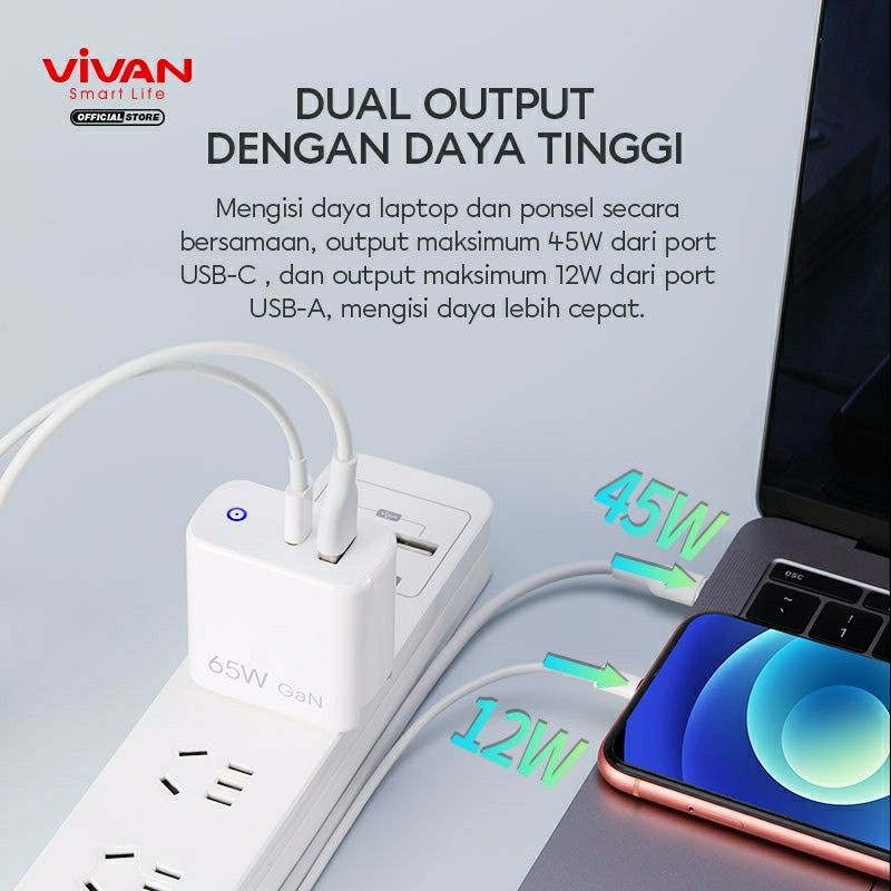 VIVAN GaN02S GAN 02S Charger Fast Charging 65W 5.4A GaN Technology QC4.0 USB &amp; Type-C Port US/EU 2 in1 Travel