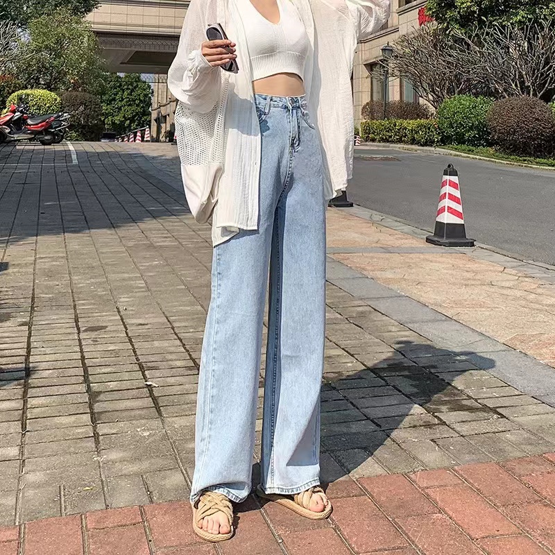 korean style new biru muda straight boyfriend celana jeans longgar wanita