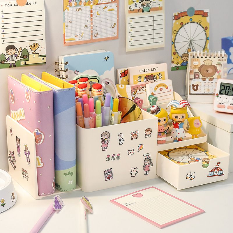 [littlecrab] Tempat Pena With Additional Rak Buku Aesthetic Room Desk Organizer Dengan Laci 5 Sekat Tempat Penyimpanan Pena Buku Stationary Kit Lengkap Adjustable