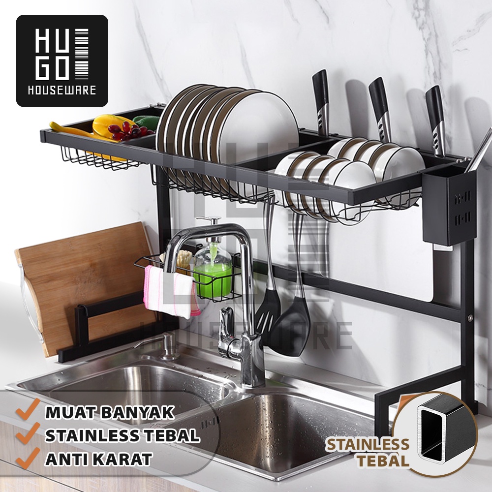 HUGO Rak Wastafel Stainless Hitam Rak Dapur Piring Rak Pengering Piring Dish Dryer