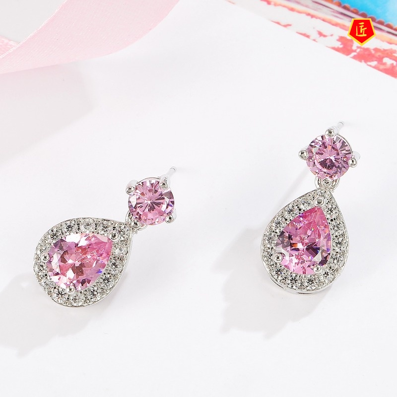 [Ready Stock]Fashion Diamond-Encrusted Twin Pink Gemstone Earrings