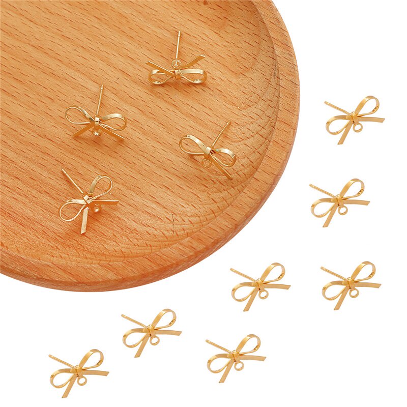 18K Gold Plated 1Pair 14.5x8.5mm Brass Copper Ribbon Bow Style Stud Earring for DIY  Earring Jewelry Findings Making