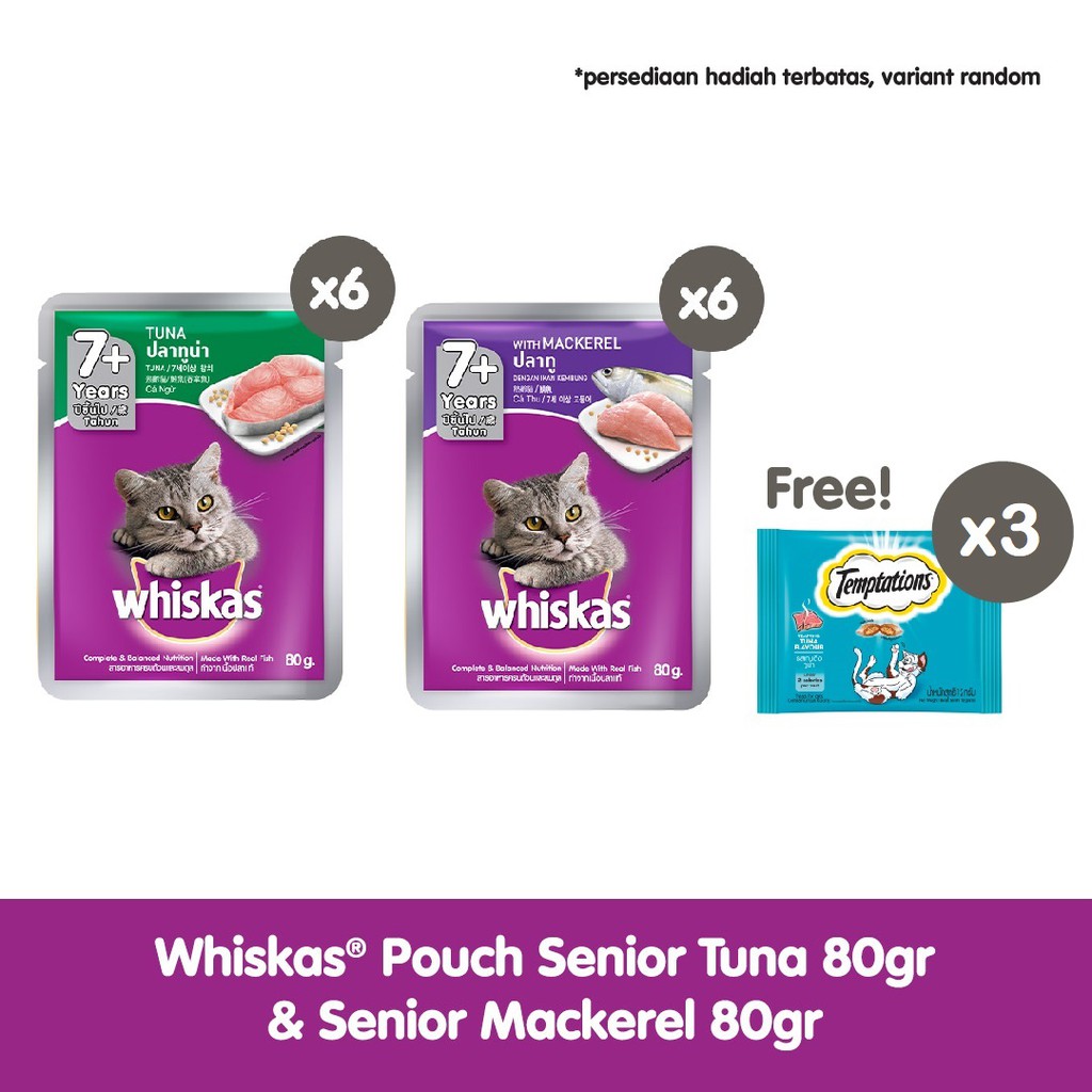 WHISKAS® Makanan Kucing Basah Pouch Senior rasa Tuna & Mackerel 80gr -  Isi 12