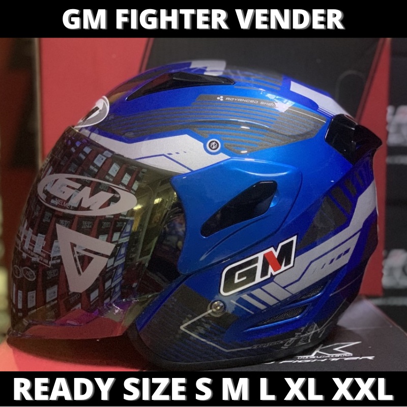 Helm GM Fighter Vender Blue Metalic Silver Half Face Single Visor - Helem Motor SNI DOT Touring Dewa
