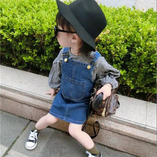 setelan baju blous rok jeans overall anak perempuan import  size 4-7th  setelan baju rok kodok jeans