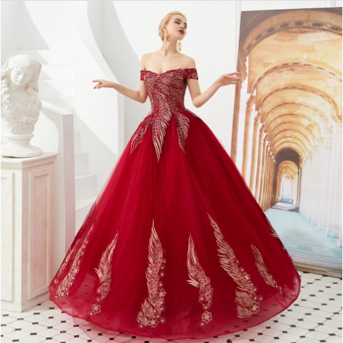 Gaun Wedding Pengantin merah marun bordir Emas