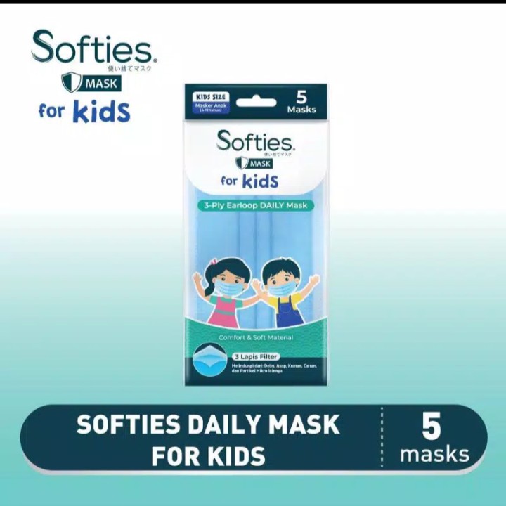 SOFTIES 3PLY EARLOOP DAILY MASK FOR KIDS ISI 5PCS / SOFTIES DAILY MASK / SOFTIES MASKER ANAK