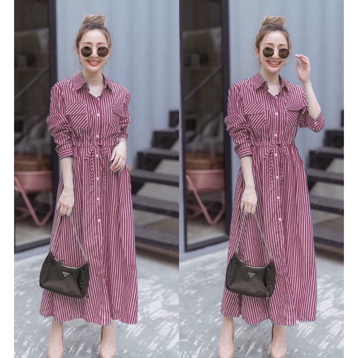 maxi dress shirt stripe korean design / maxy fashion salur-Red