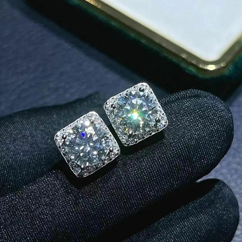 Anting Stud Bentuk Persegi Bahan Zirkon Warna Silver Untuk Wanita