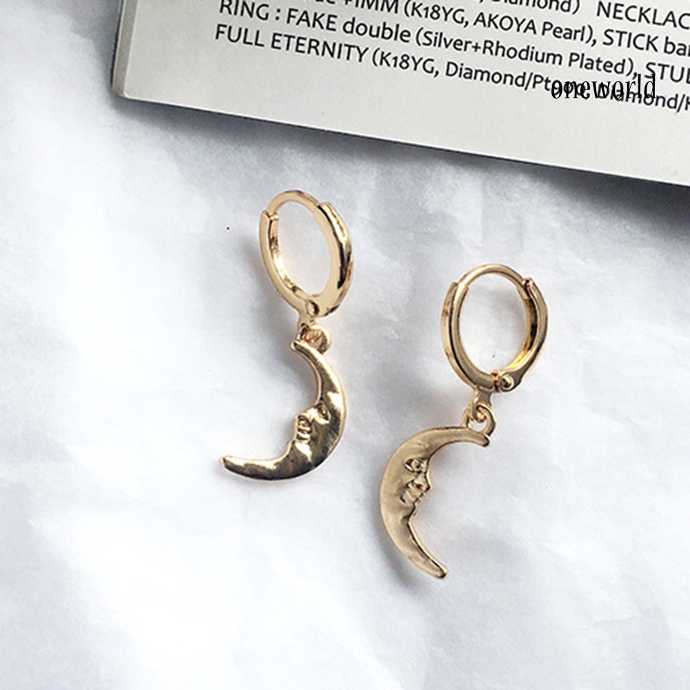 OW# Vintage Women Crescent Moon Key Round Dangle Drop Huggie Earrings Jewelry Gift