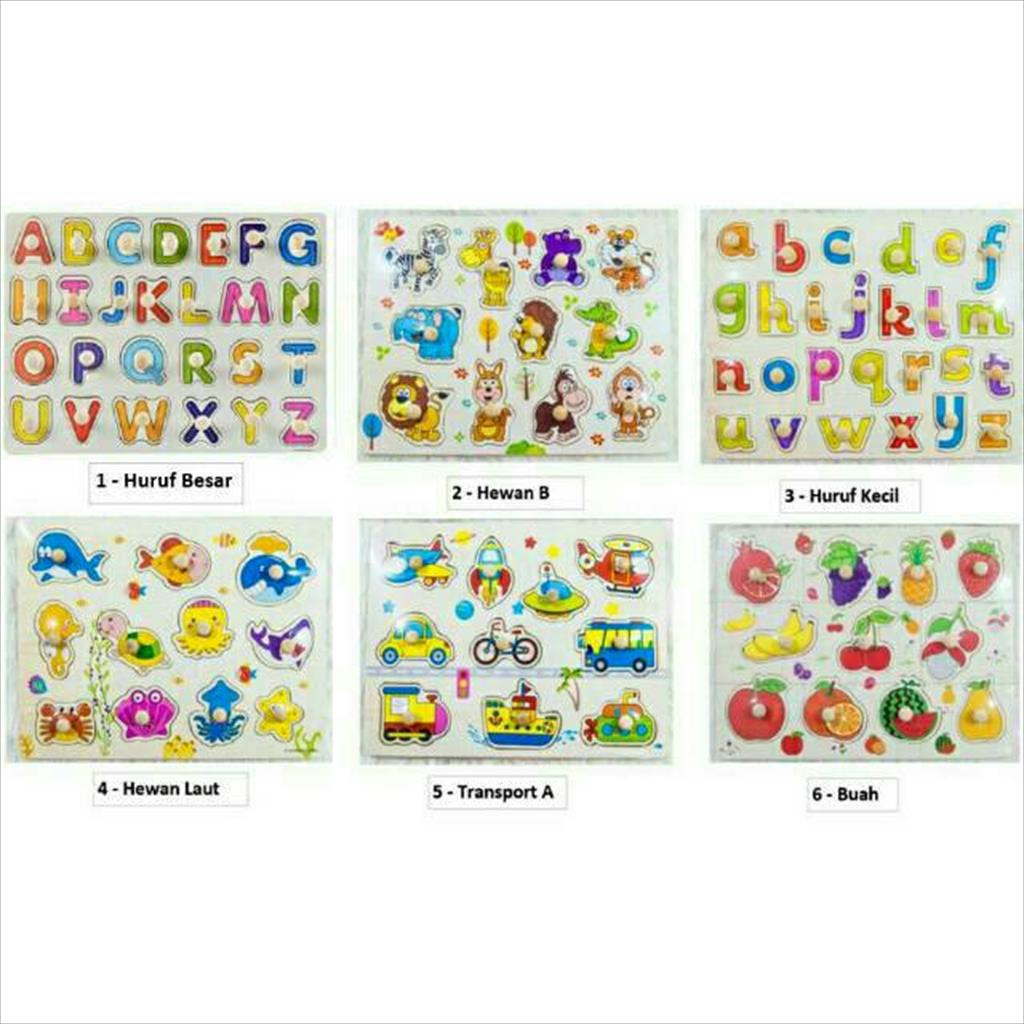 LS 910 - Puzzle Kayu Knob Wooden Puzzle Angka Alfabet Hewan Buah Transportasi Jam Mainan Edukasi Anak Batita Balita Toddler