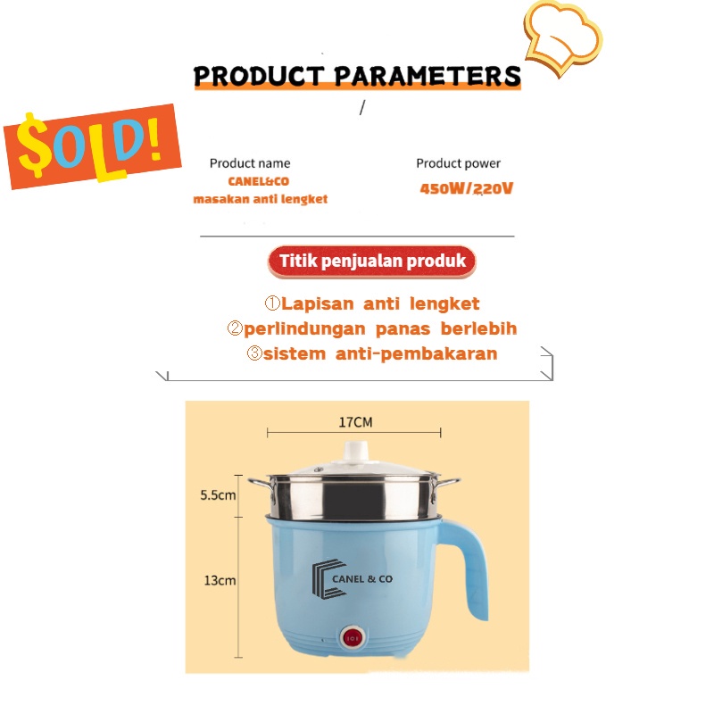 CANEL &amp; CO Panci Listrik Multifungsi 450 Watt Goreng Kukus  Multifunctional Electric Frying Pan Panci Listrik Lapisan Teflon/Panci Listrik Multifungsi Free Kukusan / Steamer  Lapis Keramik Teflon