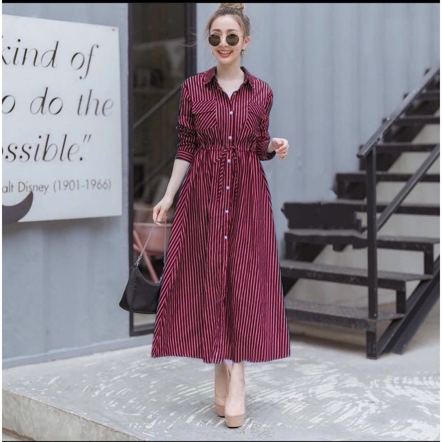 maxi dress shirt salur korean design / maxi busui / gamis maron / baju gamis wanita motif salur