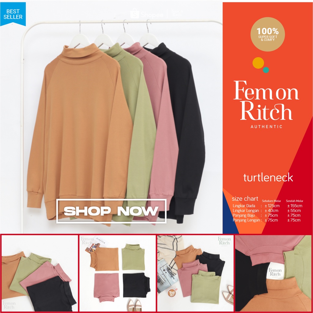 Turtleneck Wanita Oversize Rib Knit Cotton Jumbo Femon Ritch