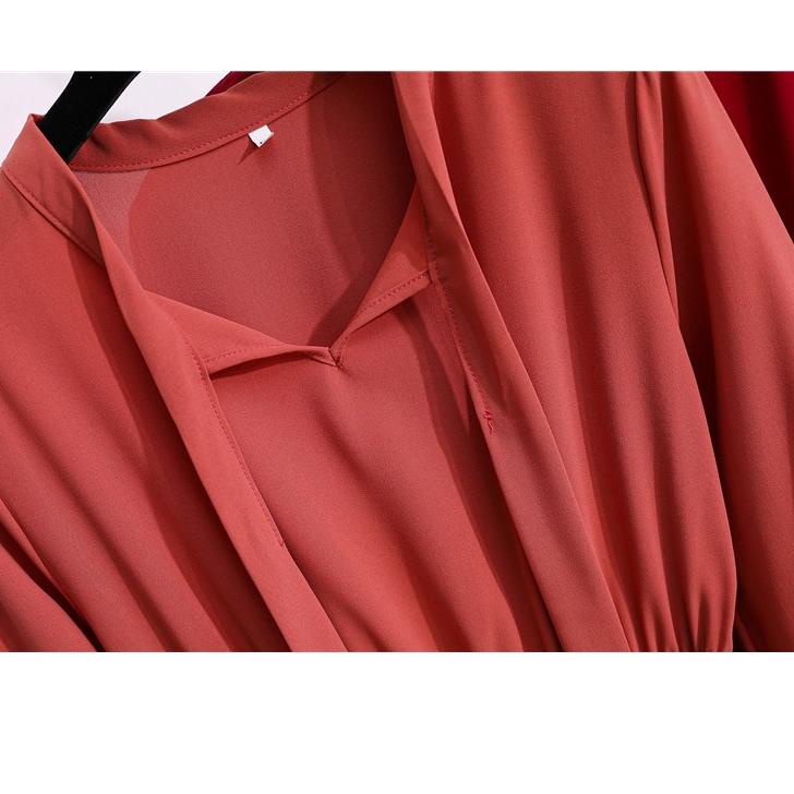 パ Warna solid hitam merah Wanita midi dress korea lengan panjang Muslimah motif bunga panjang gaun U