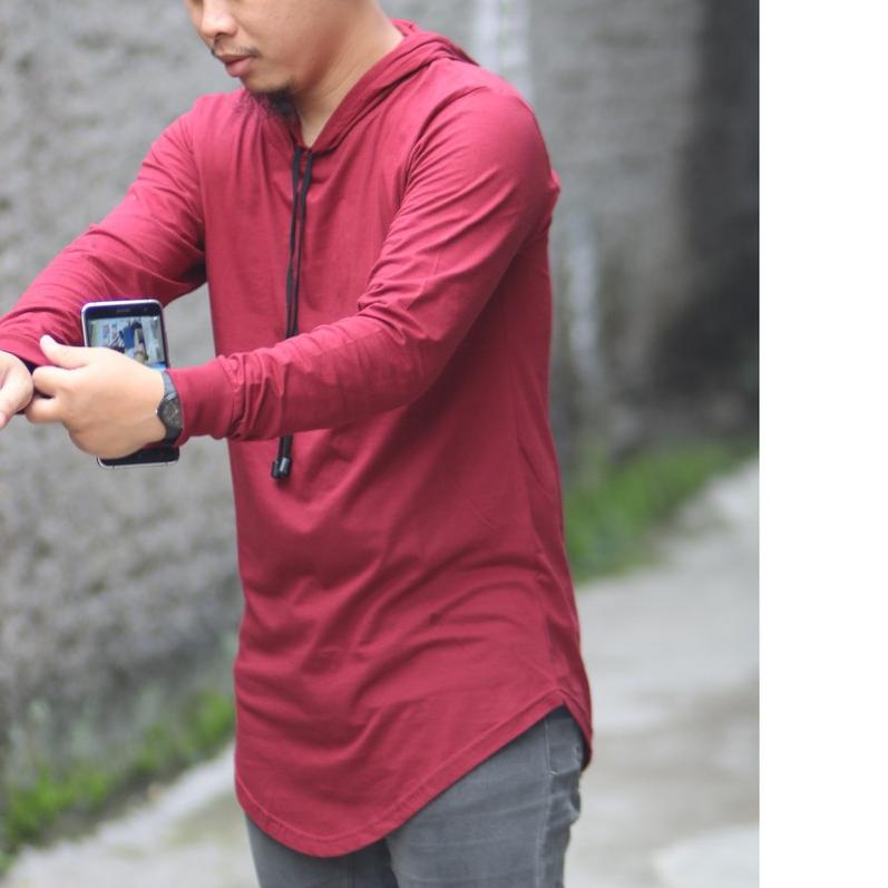 ✬ Kaos Polos Hoodie pria Longline lengan panjang kurta ♪