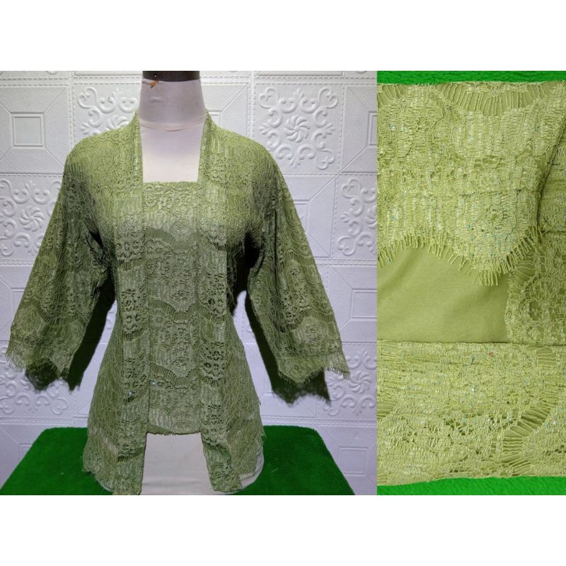 Realpict kebaya atasan kutubaru brukat lengan 7/8 kutubaru brukat hijau sage//kebaya brukat modern