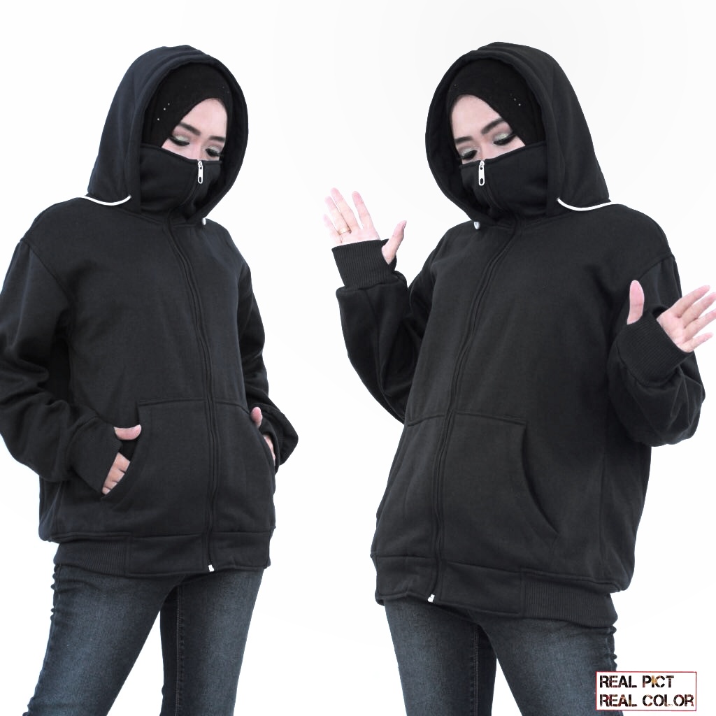 Jaket Ninja Polos dengan Zipper Full Resleting Pria Wanita Premium Dilengkapi Fingger Ditangan