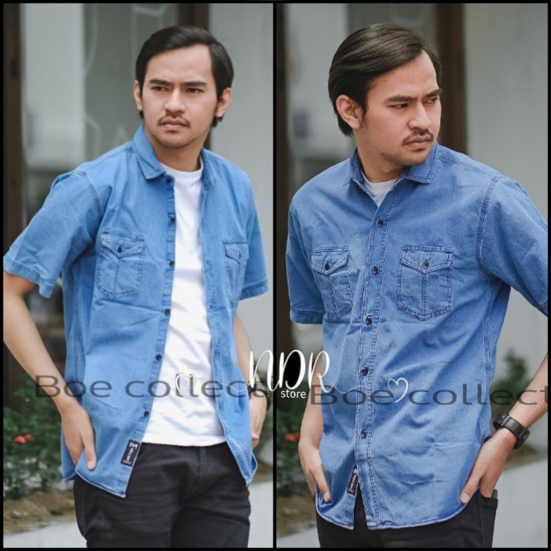 Kemeja denim / jeans lengan pendek casual pria populer cod