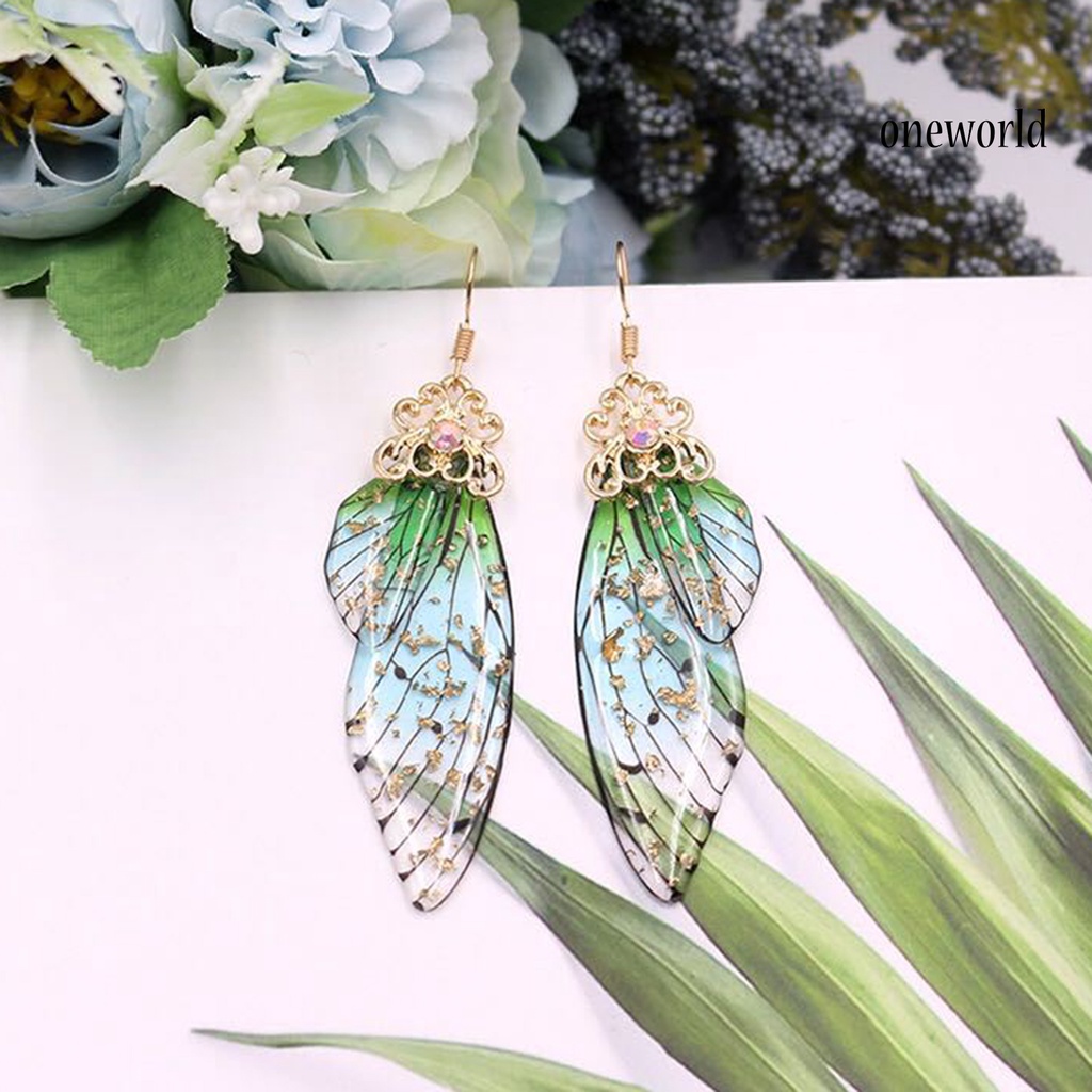 OW# Women Fashion Earrings Butterfly Wing Gradient Color Rhinestone Ear Hook Jewelry