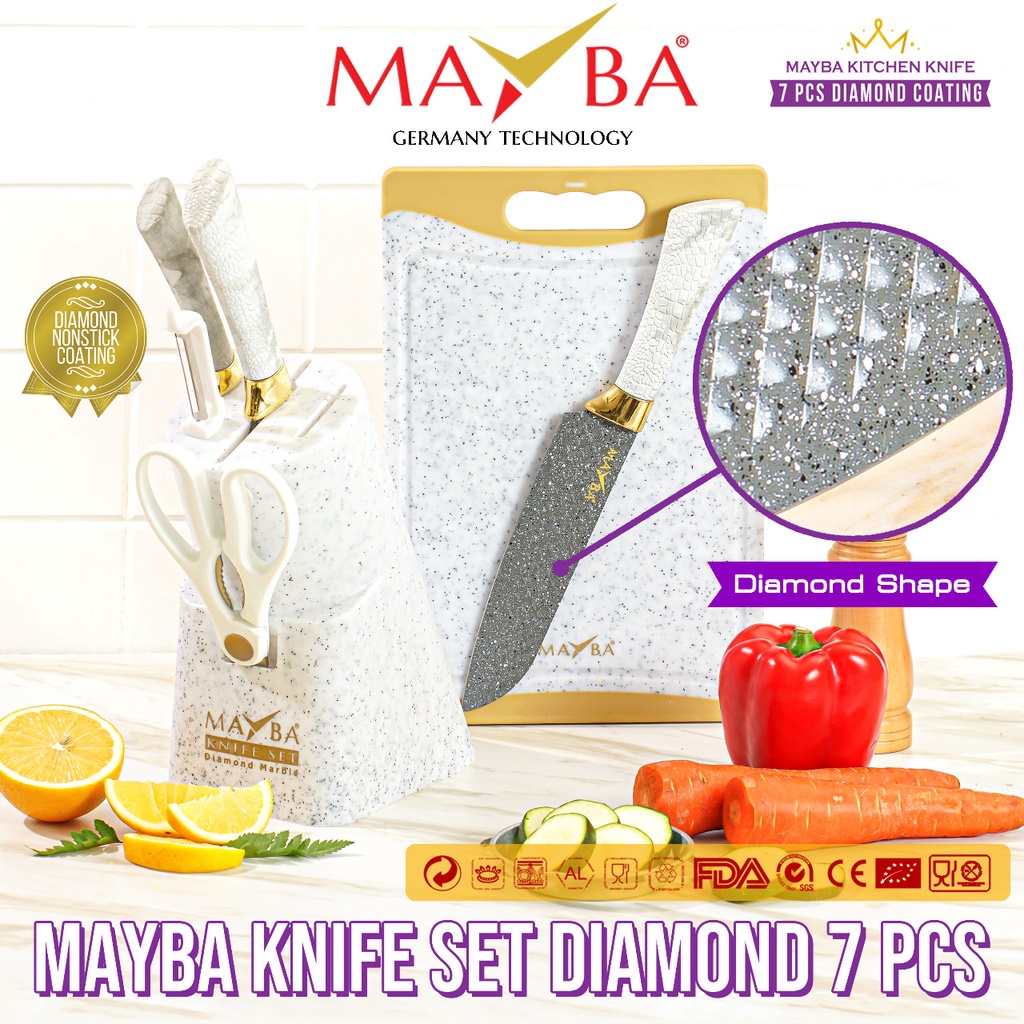 [FULL SET] PISAU DIAMOND 7 PC MAYBA WHITE MARBLE TEBAL Tajam GRATIS Talenan dan tempat pisau set PALING BAGUS