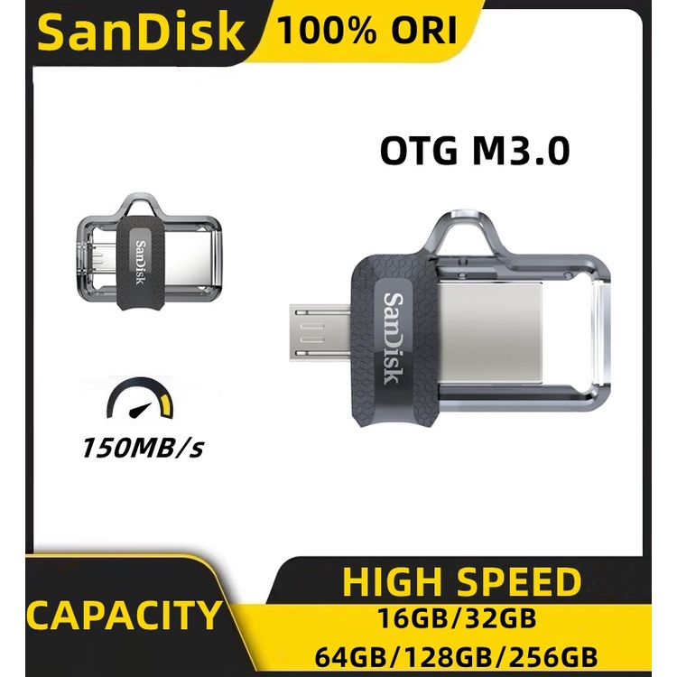 SanDisk Flashdrive Ultra Dual Drive OTG 16GB/32GB/64GB/128GB Transmisi 150M/S M3.0 Flash Drive Storage Eksternal- Gold, Hitam (100% Original)
