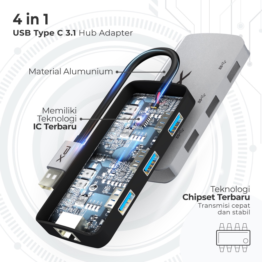 Converter Hub Adapter 4 in 1 USB 3.0 to USB LAN Ethernet PX UCH40