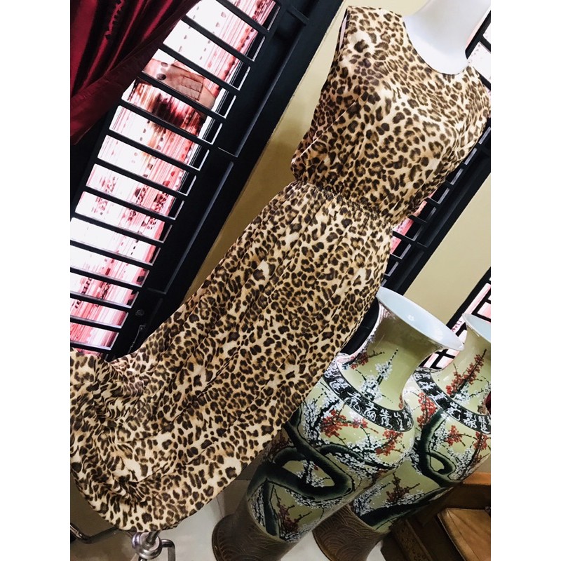long dress macan leopard adem pinggang karet dingin lucu dress vintage premium motif loreng