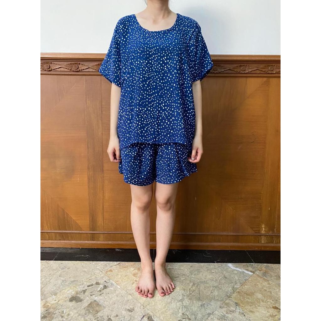 Daily Set / Pajamas Set / Piyama Set  - Tangan Pendek , Celana Pendek (SU)-Polkadot Navy
