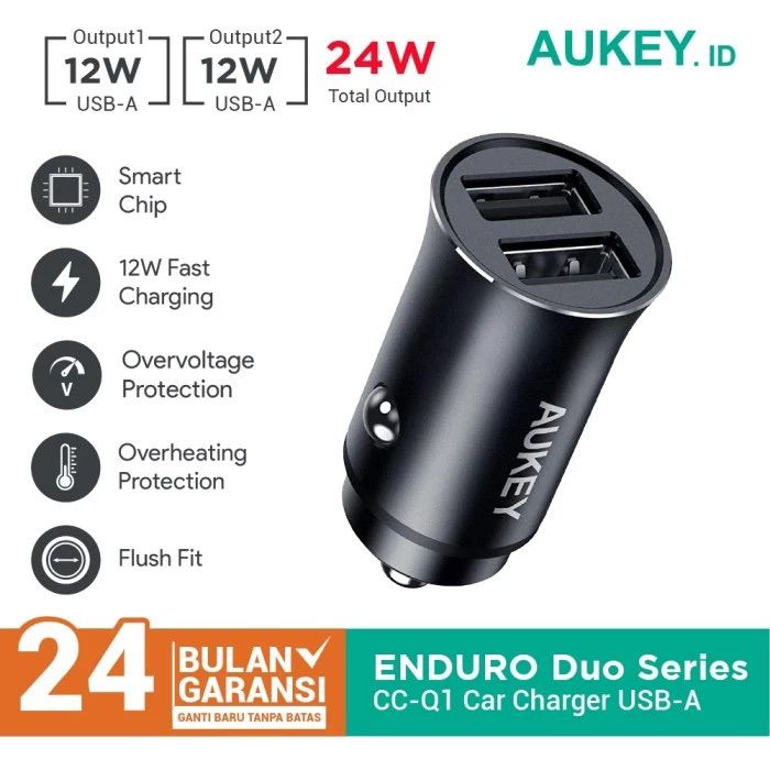 Aukey Car Charger Enduro Duo Series Dual Port 24W - SKU : 501258 / 501245 - CC-Q1 - Garansi Resmi 2 Tahun