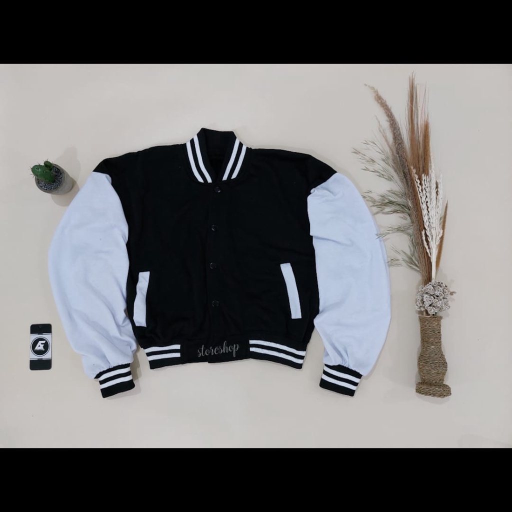 Jaket Varsity Baseball Crop Wanita Korea Termurah-hitam polos