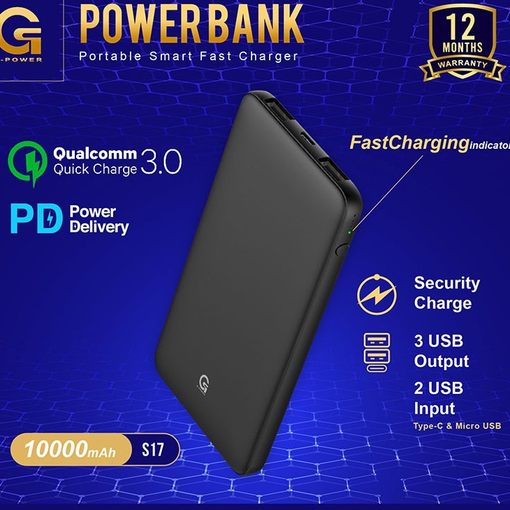 GPOWER POWERBANK S17 10000mAh with Qualcomm Quick 3.0+ GARANSI 1 TAHUN AIR ALLOWABLE