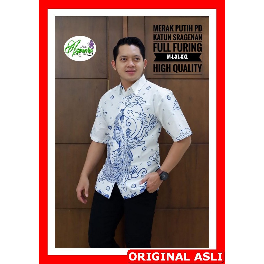PROMO BATIK PREMIUM MODERN KEMEJA BATIK SOLO Lengan Pendek Lapis Furing Asmara Merak Putih Naga Soga