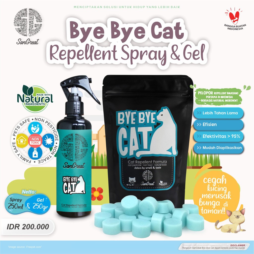 Alat pengusir kucing cat repllent anti kucing organik dan semprotan anti kucing penangkal kucing Terbaik Alami SanGreat Bye Bye Cat Gel 250 gr dan Spray 250 ml untuk mengusir kucing kampungliar bandel berak pup pipis sembarangan