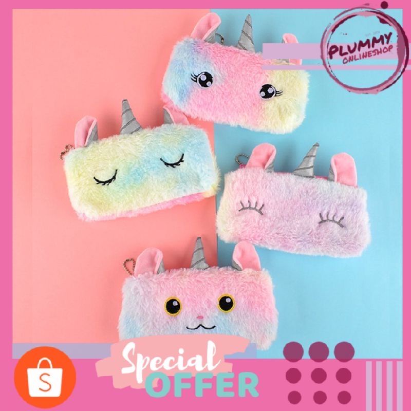 

Tempat Pensil Unicorn / Unicorn Pencil Case Bag Plush Zipper Rainbow Colorful