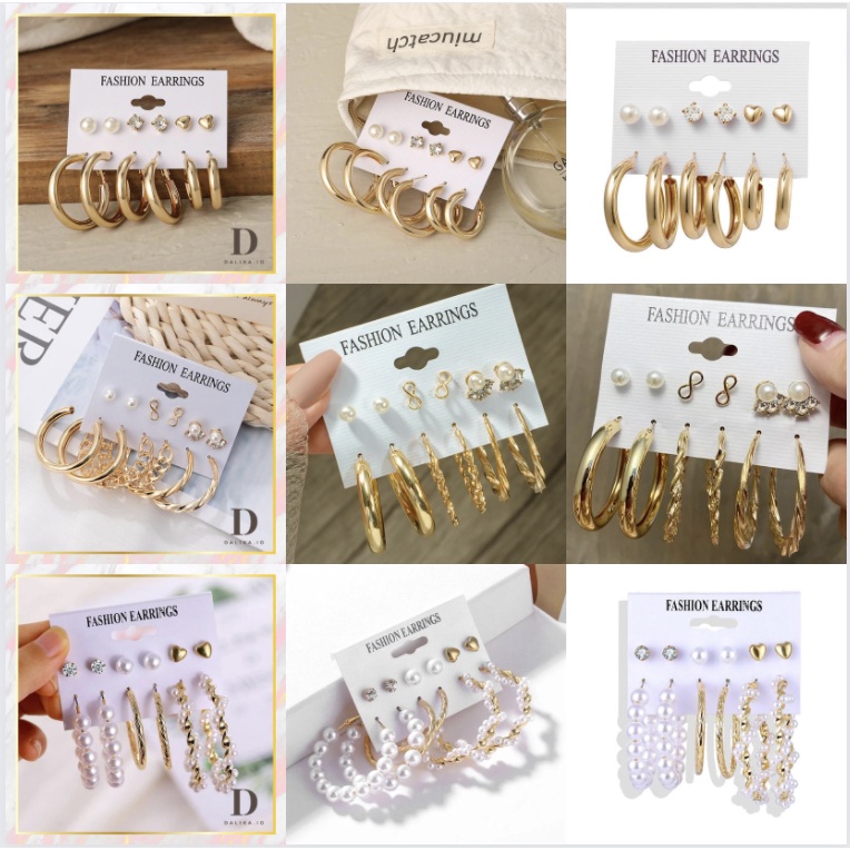 Anting Set 9 pcs/set Mutiara Hoop Drop Rumbai untuk Wanita Korea Aksesoris Earrings Dalika