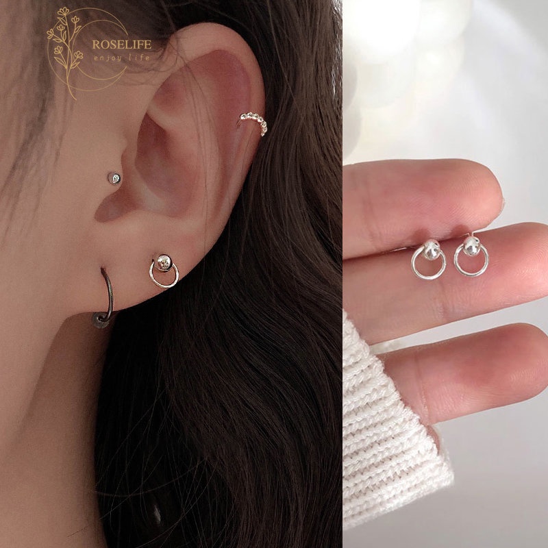 Roselife 1 Pasang Anting Tusuk Silver S925 Bulat Mini Anti Alergi Gaya Korea Untuk Wanita