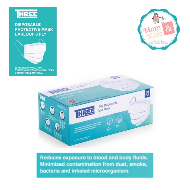 Masker 3 Ply Earloop Merk Three 50 pcs 3 Ply Disposable Masker 3 Ply Earloop Merk Three 50 pcs 3 Ply Disposable