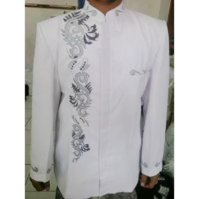 BAJU KOKO PRIA FASHION MUSLIM LENGAN PANJANG WARNA WHITE PUTIH MOTIF BORDIR BAHAN KATUN RAYON ORI