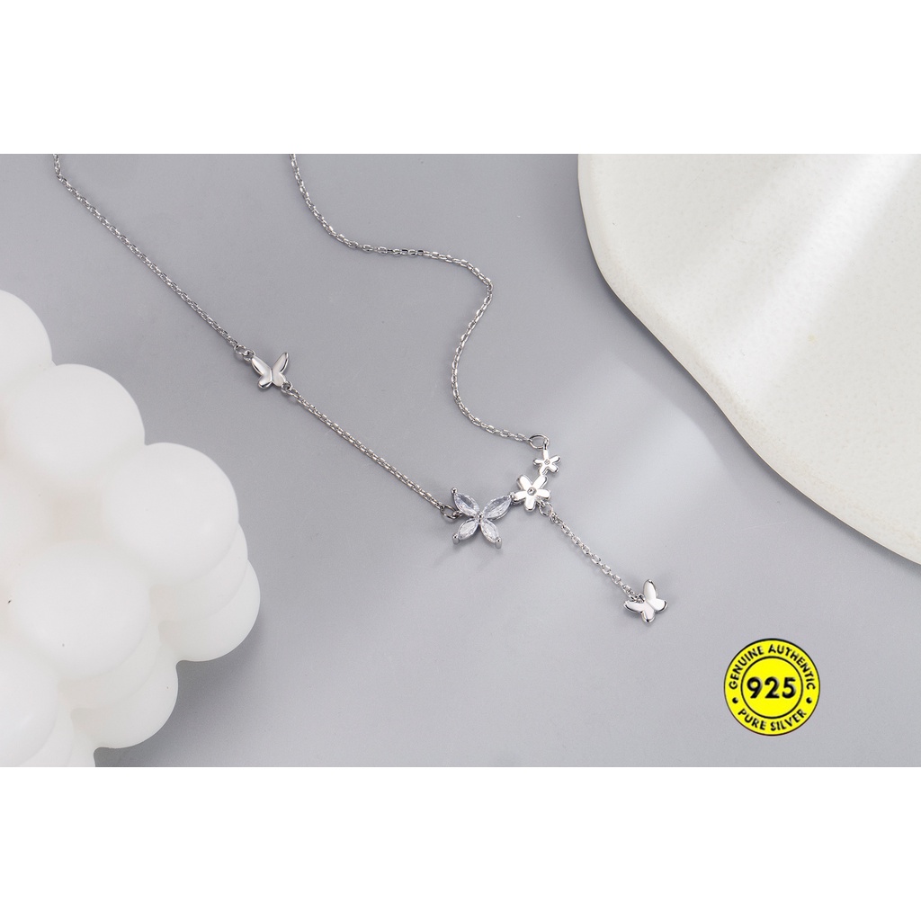 Kalung Rantai Sterling Silver 925 Dengan Liontin Bunga + Kupu-Kupu Untuk Wanita / Musim Panas Butterfly