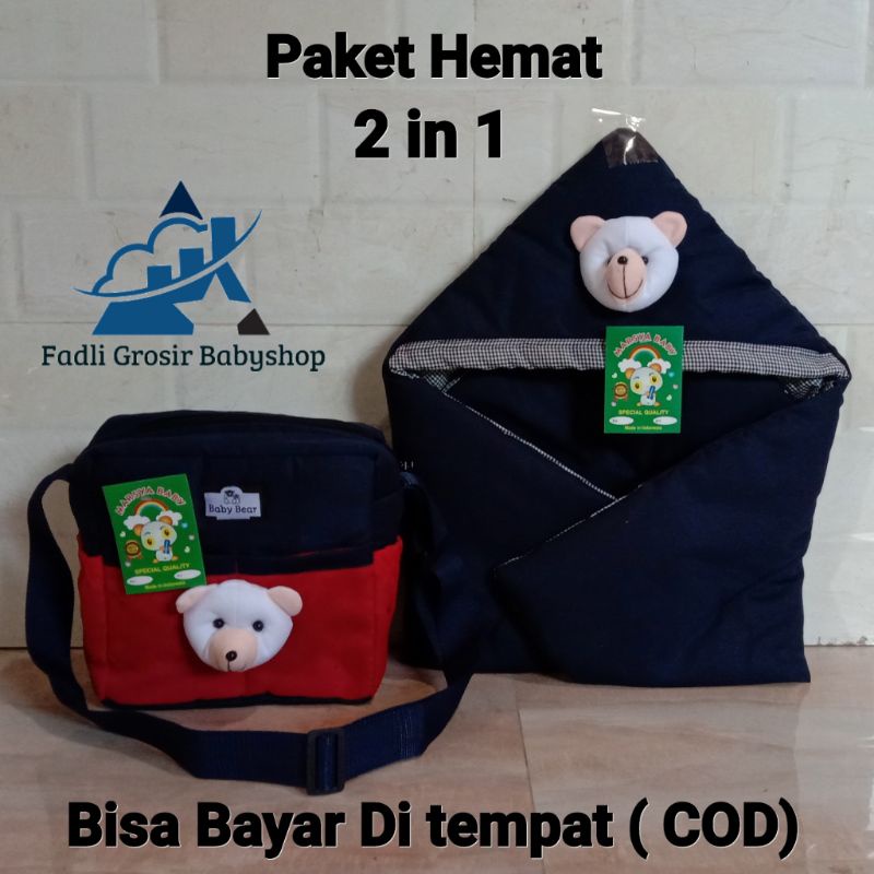 Paket Hemat ( 2 in 1 ) Tas Bayi Boneka Beruang Dan Selimut Bayi Topi Boneka Beruang