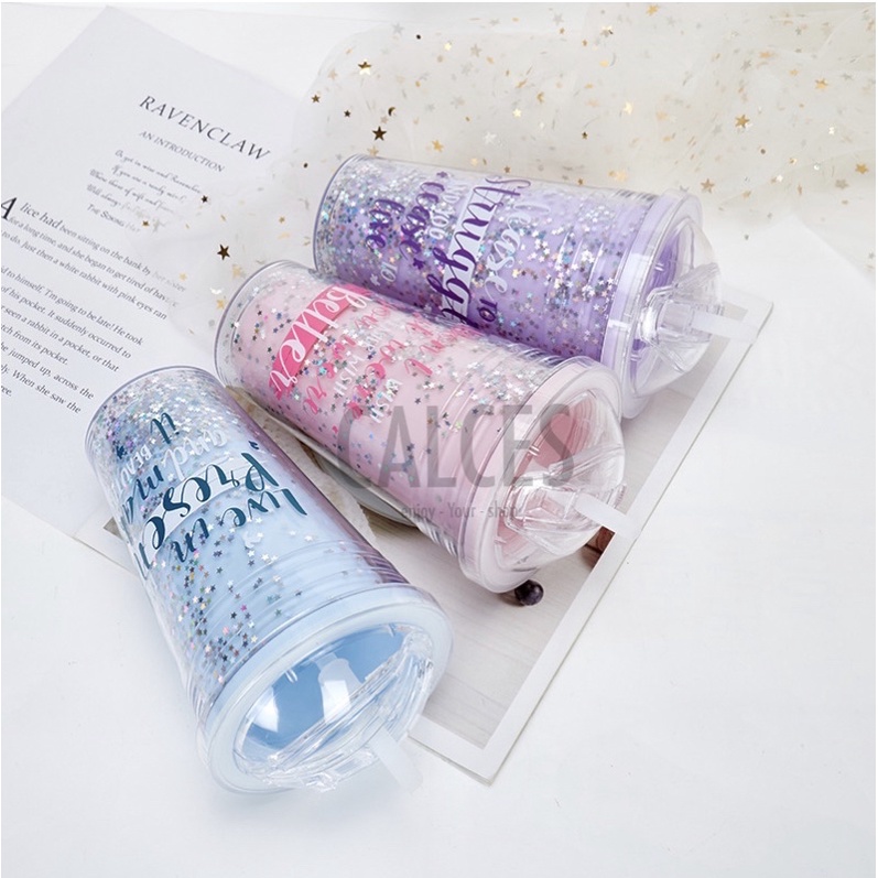 Glitter Tumbler Cups Blink Gelas Botol Minum 450ml + Sedotan &amp; Free Buble Wrap