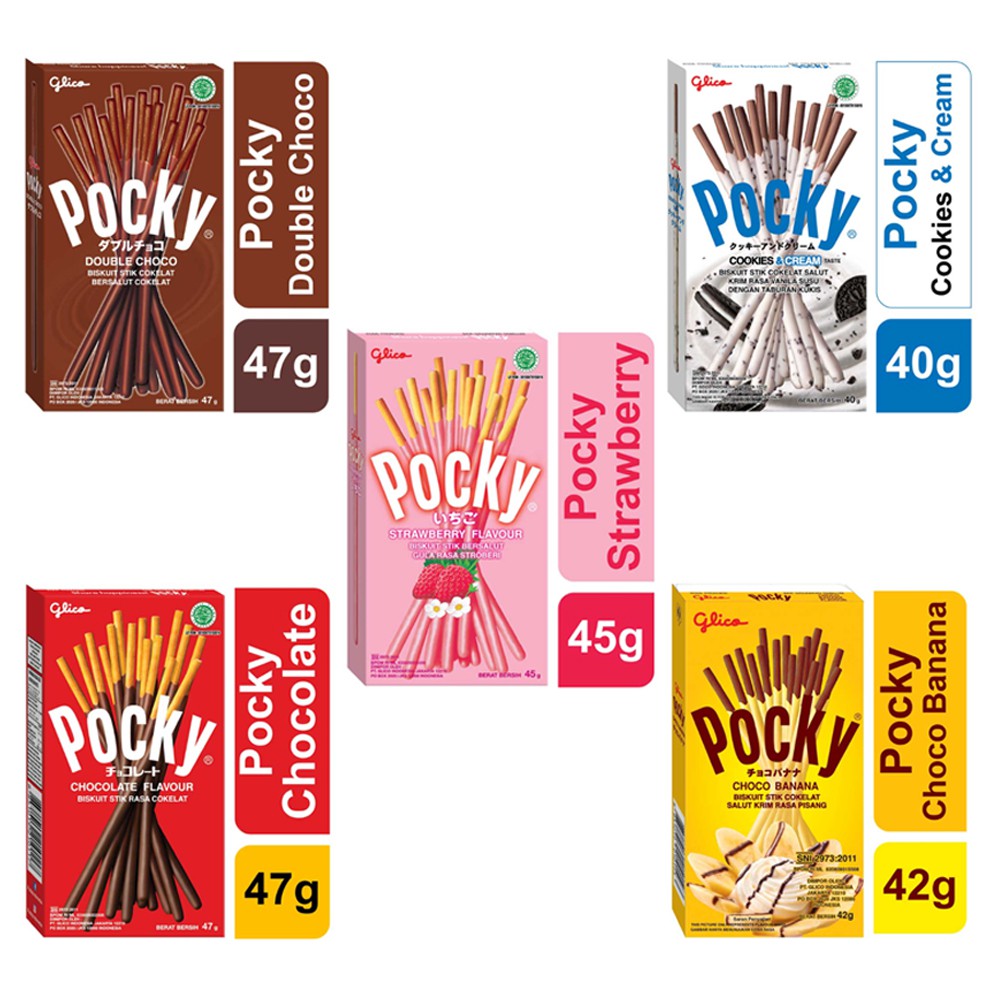 

Glico Pocky Stick Biscuit Double Choco / Cookies & Cream / Strawberry / Chocolate / Choco Banana / Green Tea