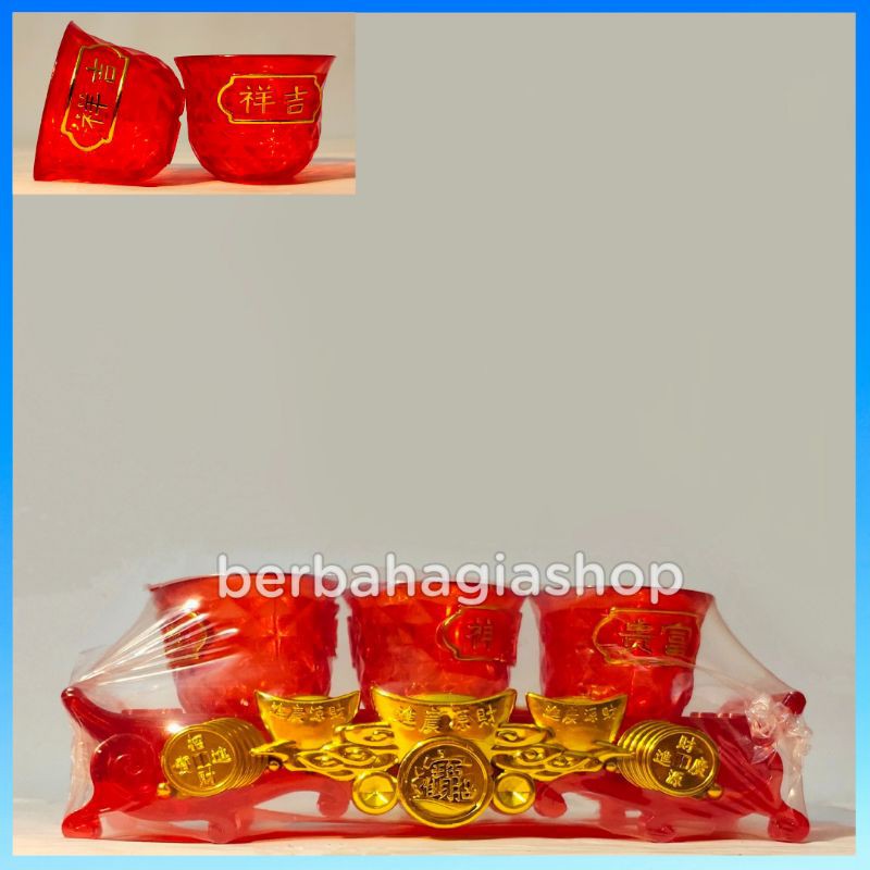 Gelas Cangkir Sembahyang Warna Merah Kristal 3 PCS Taiwan