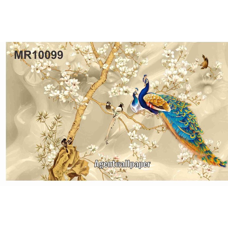 Photowall Mural 3D Wallpaper Mural Bunga Sakura Ornamen Burung Merak